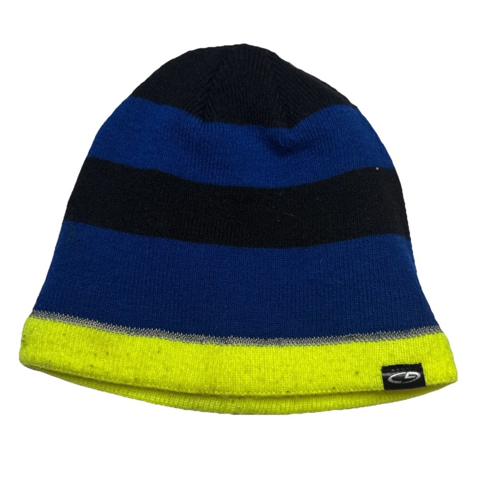 Champion C9 Beanie Hat Blue Black Neon Yellow Striped Fleece Lined Reflective OS